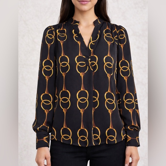 Banana Republic Tops - BANANA REPUBLIC Petite XS Chain Print Blouse Black Gold Long Sleeve Top
